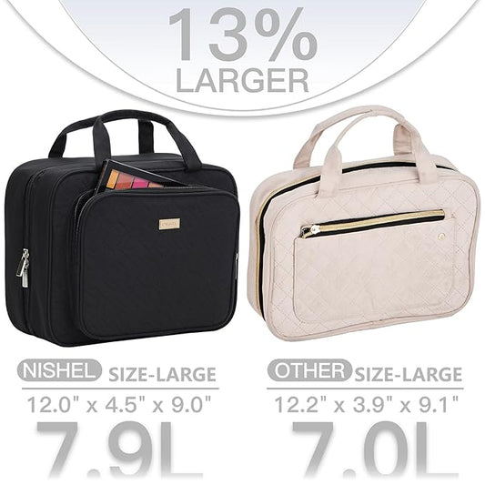 NISHEL Travel Toiletry Bag for Women Large Capacity, Makeup Essentials Organizer, Hanging Case for Accessories, Cosmetics, Black