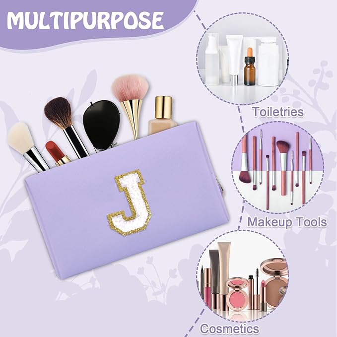 Personalized Preppy Small Travel Makeup Bag, Initial Purple Cute Chenille Letter Makeup Bag Cosmetic Zipper Pouch Toiletry Organizer,Waterproof PU Makeup Case Storage Preppy Stuff for Female(Letter J)