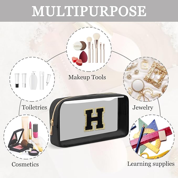 Small Clear Personalized Initial Makeup Bag,Nylon Preppy A-Z Chenille Letter Patch Cosmetic Pouch Beach Toiletry Bag,Waterproof Zipper Travel Purse Storage Bag Organizer for Women Girls(Black-Black H)