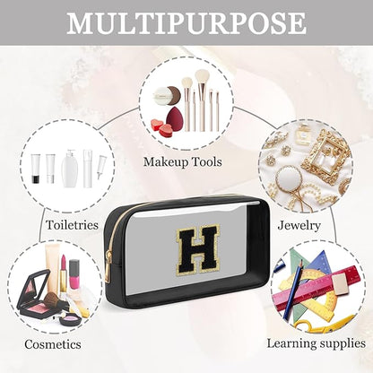 Small Clear Personalized Initial Makeup Bag,Nylon Preppy A-Z Chenille Letter Patch Cosmetic Pouch Beach Toiletry Bag,Waterproof Zipper Travel Purse Storage Bag Organizer for Women Girls(Black-Black H)