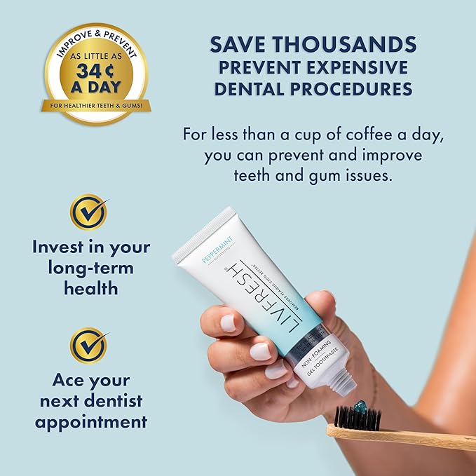 LIVFRESH Toothpaste Gel, Clinically Proven to Remove Plaque 250% Better, Improves Gum Health 190% Better, Prevents & Reduces Tartar, Freshens Breath, SLS Free Dental Gel, Peppermint, 2 Pack