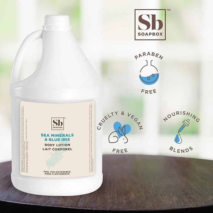 Soapbox Body Lotion, Sea Minerals & Blue Iris Moisturizing Body Cream, Vegan, Natural & Cruelty Free Hydrating Hand Lotion Refill for Dry Skin - Gallon Size for Home & Professional