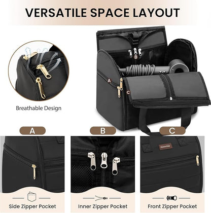 Wig Storage Bag Holds 3 Wigs Hair Tools Travel Bag Full-Open Breathable Organizer Case for Clips, Hair Dryer, Flat Curling Iron Brushes,Cosmetic Toiletry Tote Christmas Gift for Women Stylist