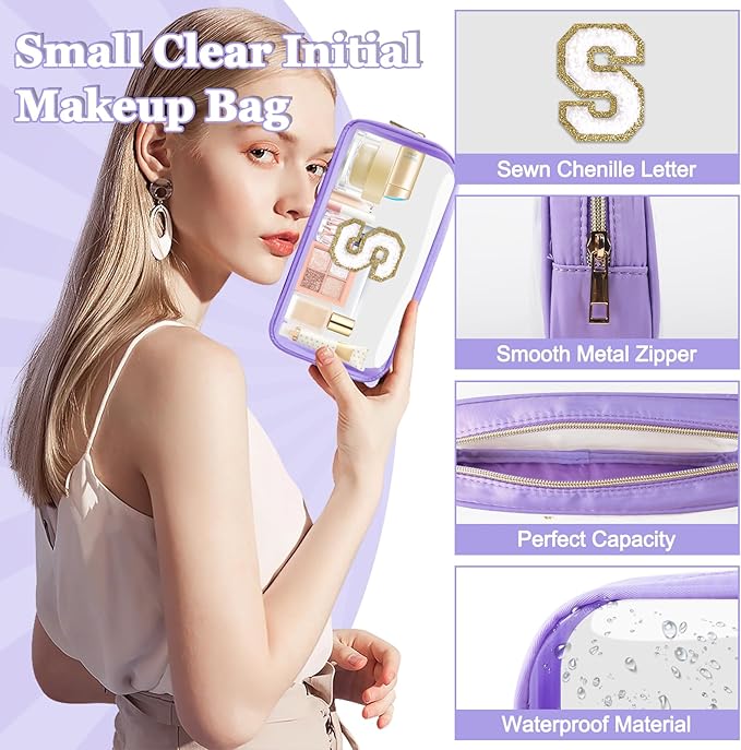 Small Clear Personalized Initial Makeup Bag,Nylon Preppy A-Z Chenille Letter Patch Cosmetic Pouch Beach Toiletry Bag,Waterproof Zip Travel Purse Storage Bag Organizer for Women Girls(Purple-White S)