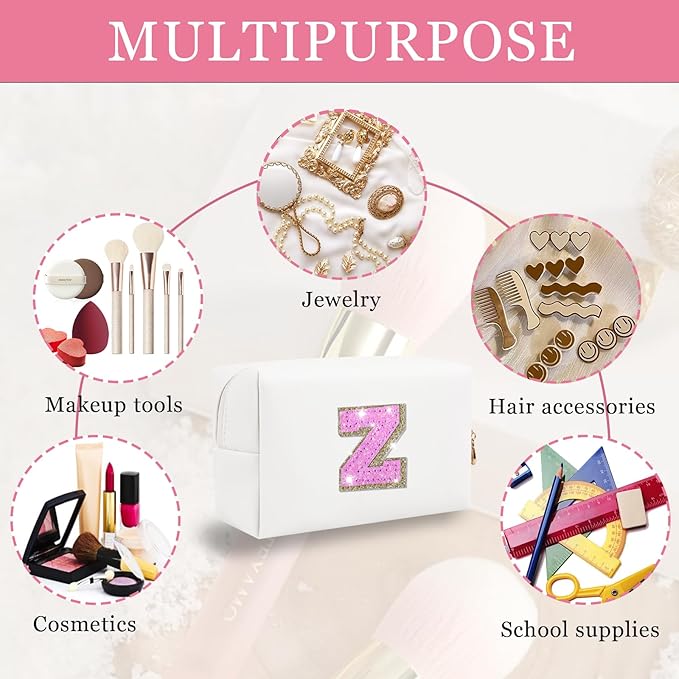 Initial Letter Patch Makeup Bag, Preppy Glitter Pouch Cosmetic Bag, Small PU Travel Toiletry Bag Zipper, Personalized Monogrammed Gift for Friends, Sisters & Teens (Letter Z)