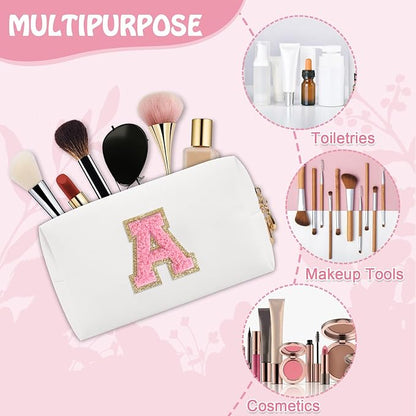 Personalized Initial Preppy Patch Makeup Bag, Small Travel Cute Cosmetic Pouch Makeup Case Toiletry Zipper Pouch, Monogram Waterproof PU Leather Chenille Letter Storage Bag Gift for Women(Letter A)