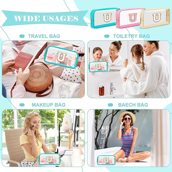 Personalized Initial Letter Clear Makeup Bag,Preppy Small Nylon&PVC Cosmetic Zipper Bag with Chenille Letter,Portable Beach Travel Skincare Toiletry Bag,Trendy Monogram Gift for Teen Girls Women,U