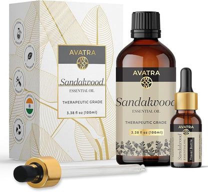 Avatra Sandalwood Essential Oil 100ML (3.38 OZ) with Glass Dropper and Travel Bottle, Pure and Natural Therapeutic Grade Sandalwood Oil for Diffuser, Aromatherapy, Massage, and DIY Candle Products