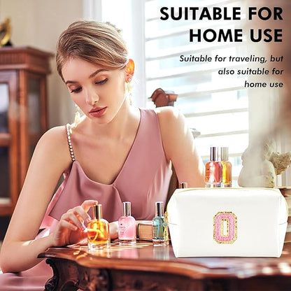 Initial Makeup Bag Personalized Preppy Travel Small Cosmetic Bag Cute PU White Chenille Letter Makeup Pouch for Purse Waterproof Zippered Toiletry Organizer for Women Girls Kids Friends (O)