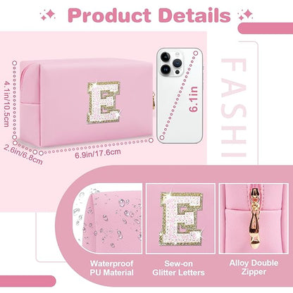 Small Personalized Initial A-Z Patch Makeup Bag,Pink Cute PU Leather Glitter Letter Cosmetic Bag for Teen Girls,Travel Toiletry Bag with Zipper,Preppy Monogrammed Birthday Gift for Daughter Niece E