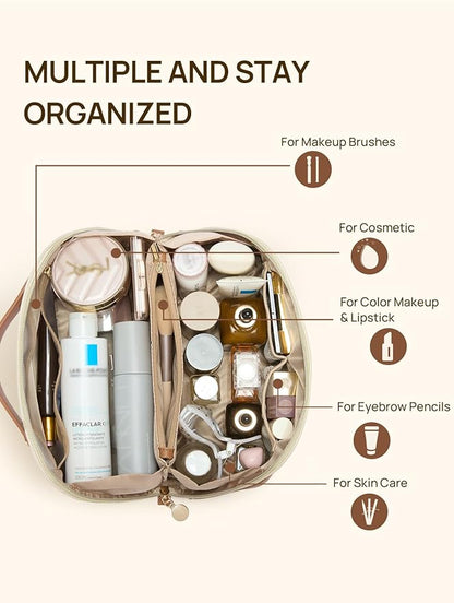 Telena Leather Make Up Bag Portable Travel Makeup Bag Waterproof Cosmetic Bags for Women Large Capacity With Handle and Divider Open Flat