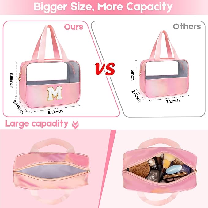 Initial Clear Makeup Bag Personalized Pink Clear Cosmetic Bag, Cute Large Make Up Bags Organizer Bag, Travel Toiletry Bag for Women Girl Gifts B (Pink)
