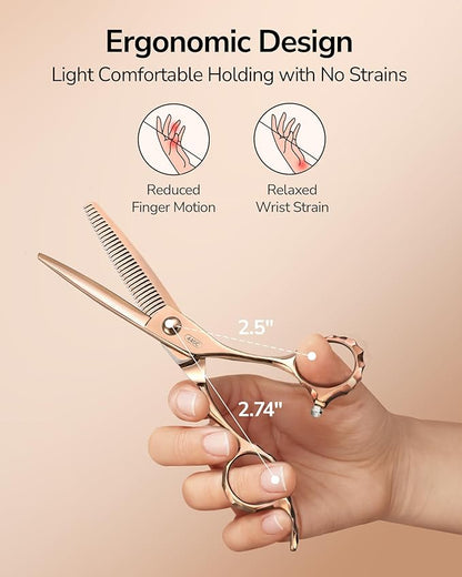 ULG Professional Seamless Hair Thinning Scissors Luxury 18K Rose Gold Coated 6.5" Barber Scissors 440C Japanese Stainless Steel Hand-Honed Convex Blades Offset Handles Tension Adjustable, Right-Handed