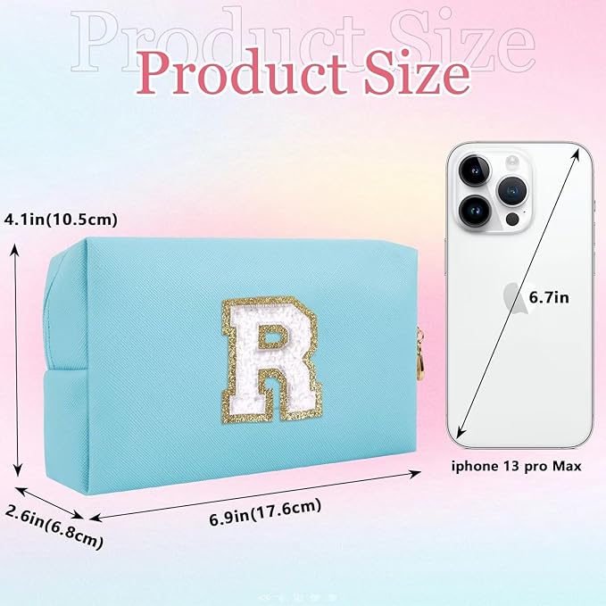 Small Personalized Letter Makeup Bag, Cute PU Leather Chenille Letters Cosmetic Bag Travel Makeup Pouch, Preppy Travel Organizer Zipper Pouch for Women&Girls（Blue-R）