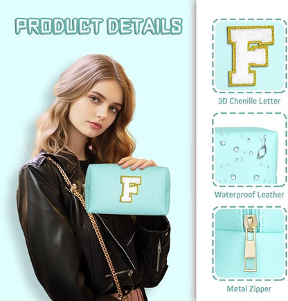 TOPEAST Preppy Stuff for Girls, Initial Makeup Bag Chenille Letter Pouch Cosmetic Bag with Zipper, PU Leather Waterproof Toiletry Bag, Cute Stuff Birthday Gift for Friends Sister (Blue T)