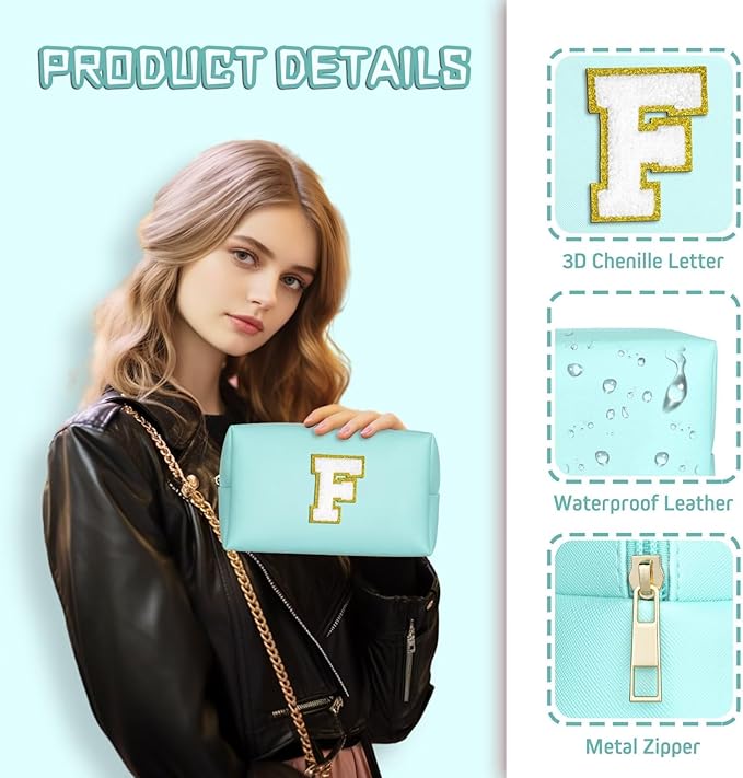 TOPEAST Preppy Makeup Bag, Small Cosmetic Travel Bags for Women, PU Leather Waterproof Toiletry Bag with Zipper, Personalized Birthday Gift for Women Girl, Preppy Gifts for Girl (Blue Y)