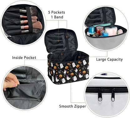 Halloween Travel Makeup Bags for Women Bat Pumpkin Spider Web Pattern Portable Tote Cosmetic Case with Carry Handle Toiletry Accessories Storage Organizer Bags