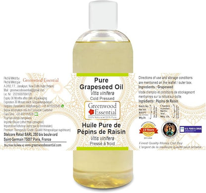 Greenwood Essential Pure Grapeseed Oil (Vitis vinifera) Cold Pressed 200ml (6.76 oz)