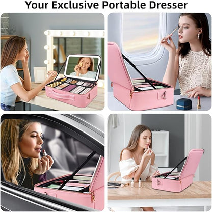 Upgraded Large Travel Makeup Bag with LED Mirror, 15” Professional Makeup Case with 3 Color Modes Dimming Lighted Mirror, Light up Cosmetic Make up Organizer with PU Leather Cover, Adjustable Dividers