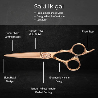 Saki Shears Ikigai Rose Gold Hairdresser Cutting Shears - 6" Inch Hair Scissors - For Students and Professional Use - Super Sharp and Durable - Rose Gold Titanium Finish