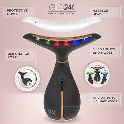 GLO24K Red Light Face & Neck Beauty Device – 3-in-1 Facial Massager Tool with LED & Vibration for Skin Revitalization and Neck Firming