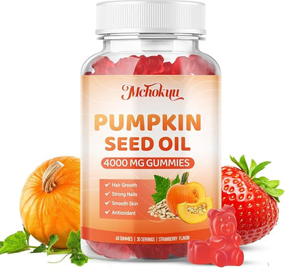 Pumpkin Seed Oil Supplement Gummies 4000mg with Saw Palmetto for Hair Growth & Skin Health, High Pure Extract for Women & Men Extra Strength Pumpkin Seed, Strawberry Flavor, 120 Count