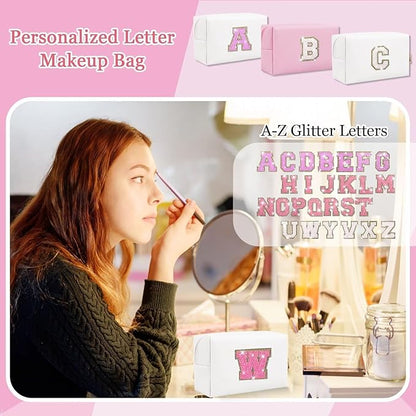 Small Personalized Glitter Initial Letter Makeup Bag, Cute PU Leather Chenille Letters Cosmetic Bag Travel Makeup Pouch, Preppy Travel Organizer Zipper Pouch for Women&Girls（WhiteRosePink-W）