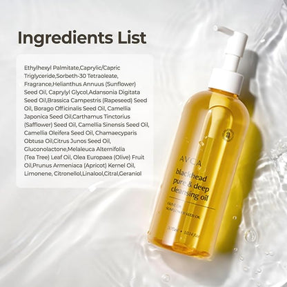 AVCA Blackhead Remover Cleansing Oil 10.14 fl.oz.(300ml) - Makeup & Blackhead Remover, PHA Gentle Exfoliator, Lightweight Pore Cleanser, Korean Skincare for Normal & Oily Skin