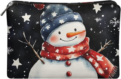 COEQINE Christmas Makeup Pouch for Purses for Women Leather Snowman Black Stars Mini Cosmetics Bag Cute Cosmetic Pouch for Women with Zipper Pen Pencil Toiletry Pouch for Birthday Xmas Gift