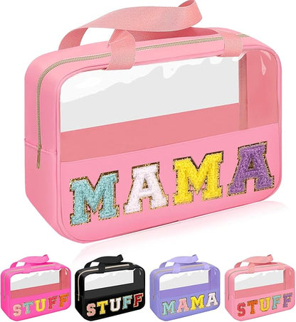 Iqimott Chenille Letter Patch Mama Bag, Preppy Clear Makeup Cosmetic Bag Large Toiletry Storage Tote Bag with Handle, Transparent Nylon Waterproof Organizer Zipper Pouch for Travel Women Girls(Pink)
