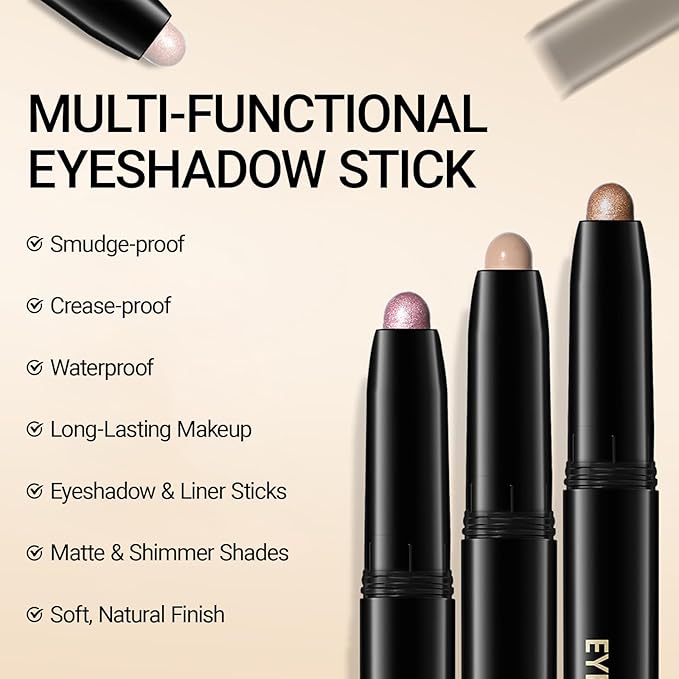 Erinde Waterproof Eyeshadow Stick, Cream Eye Shadow Stick, Long-Lasting, Crease-Proof, Cream to Powder Buildable & Blendable Eye Shadow Pencils Crayon, Vegan & Cruelty-Free, 12 Light Taupe