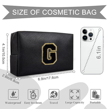 Personalized Initial A-Z Preppy Patch Makeup Bag,Small PU Chenille Letter Cosmetic Bag with Zipper for Teen Girls,Black Cute Toiletry Organizer Bag,Monogram Makeup Case Gift for Women Girls,Letter G