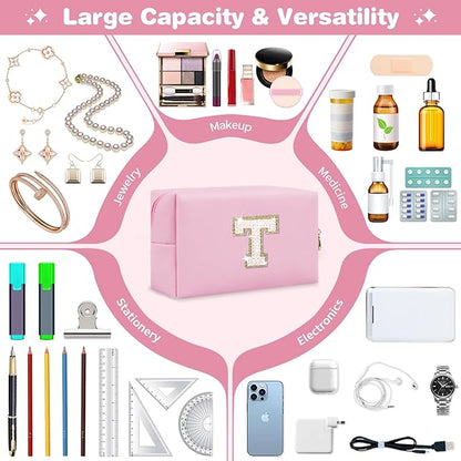 Small Personalized Initial A-Z Patch Makeup Bag,Pink Cute PU Leather Glitter Letter Cosmetic Bag for Teen Girls,Travel Toiletry Bag with Zipper,Preppy Monogrammed Birthday Gift for Daughter Niece T