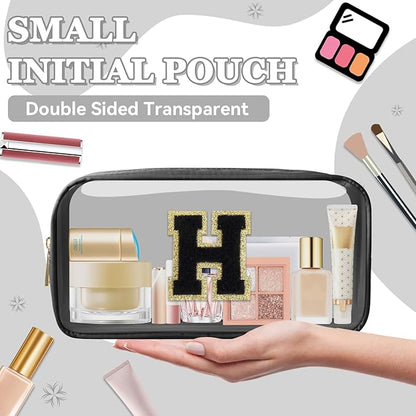 Small Clear Personalized Initial Makeup Bag,Nylon Preppy A-Z Chenille Letter Patch Cosmetic Pouch Beach Toiletry Bag,Waterproof Zipper Travel Purse Storage Bag Organizer for Women Girls(Black-Black H)
