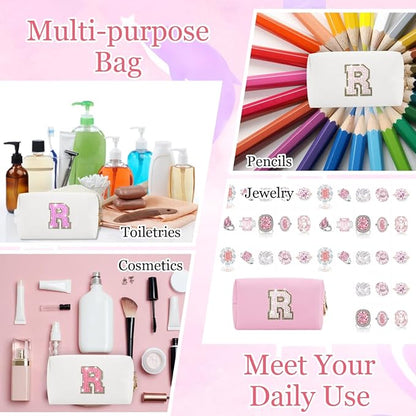 Glitter Initial Letter Makeup Bag, Small Personalized Sequins Letters PU Leather Cosmetic Bag Portable Waterproof Makeup Zipper Pouch, Shine Handbag Organizer Travel Bag Gifts for Women&Girls(White-R)