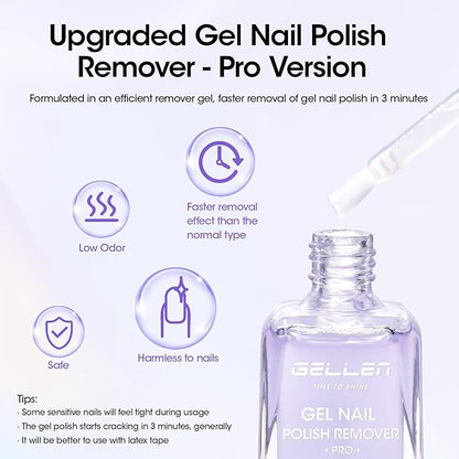 Gellen Gel Nail Polish Remover, Gel Remover for Nails Quickly in 2-5 Minutes, Easy Use No Need to Soak or Wrap, Professional Nail Gel Remover Kit, Gellen Gel Polish Remover Pro