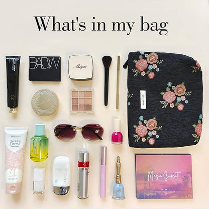 STARDW Aesthetic Floral Makeup Bag Cute Small Cosmetic Bags for Women Girls, Travel Toiletry Bag Large Capacity Zipper Makeup Pouch, Purse Organizer Pouches (Vintage Flowers)