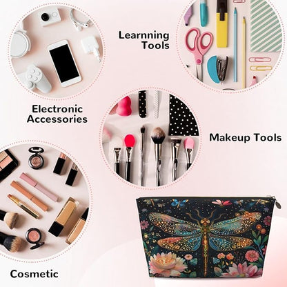 Womens Leather Makeup Bag Cosmetic Bag Travel Toiletry Bags Make Up Bags for Women Adult (Floral Dragonfly)