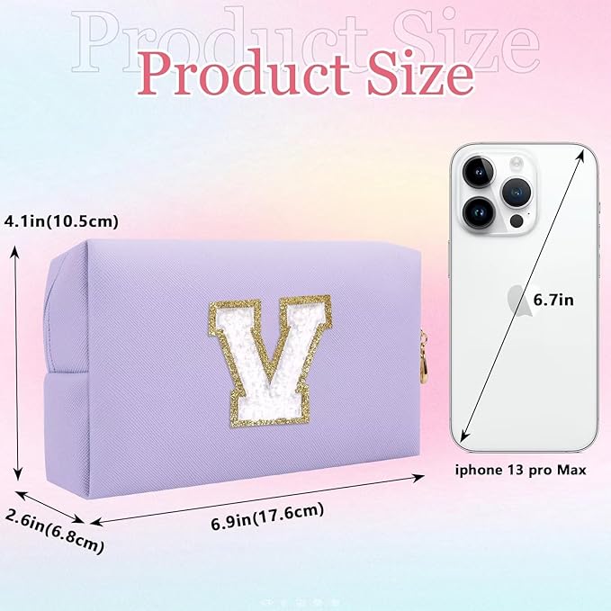 Small Personalized Letter Makeup Bag, Cute PU Leather Chenille Letters Cosmetic Bag Travel Makeup Pouch, Preppy Travel Organizer Zipper Pouch for Women&Girls（Purple-V）