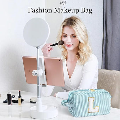 YOOLIFE Makeup Bag - Initial Makeup Bag Cosmetic Bag, Monogram Makeup Bags, Travel Cosmetic Bag, Make Up Bag, Travel Cute Makeup Pouch Makeup Case, Personalized Blue Makeup Bags for Women Her K