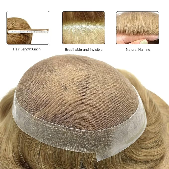 FACE MIRACLE Hair System for Men French Lace Mens Toupee Human Hair Replacement System Lace with PU Toupee for Men Male Hair Piece Wigs 6"X9" #20 light ash blonde