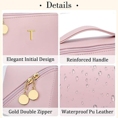 Birthday Gifts for Women Teen Girl, Personalized Initial Makeup Organizer Bag Set, Open Flat Travel Cosmetic Bag With Clear Divider and Handle(Pink,T)