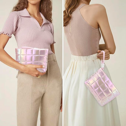 DOB SECHS Quilted Checkered Makeup Bag with Strap, Cute Puffer Cosmetic Bags for Women, Cotton Puffy Toiletry Zipper Pouch, Travel Essentials Storage Organizer Clutch Pencil Case, Iridescent Pink