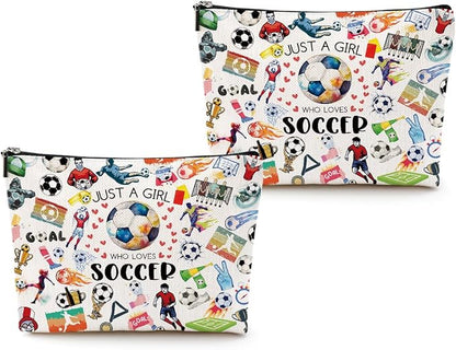 2pcs Soccer Makeup Bags for Women, Canvas Soccer Gifts Cosmetic Bag Pouch Accessories for Players Teams Stuff, Sport Team Birthday Gifts for Soccer Lovers Her Friends Women