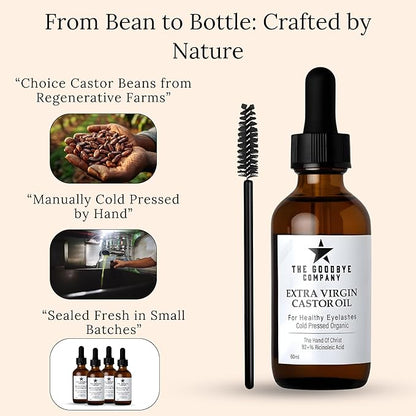 The Goodbye Company Organic Castor Oil - 100% Pure Extra Virgin Cold Pressed Unrefined for Luscious Hair Growth, Thicker Eyelashes & Radiant Skin - Deeply Moisturizing & Detoxifying (60ml)