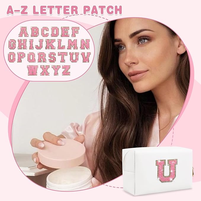 Small Initial Patch Makeup Bag Personalized Gifts Make Up Bag,White Cute PU Leather Glitter Letter Cosmetic Bag with Zipper,Trendy Portable Travel Toiletry Pouch,Preppy Stuff for Teen Girls Women U