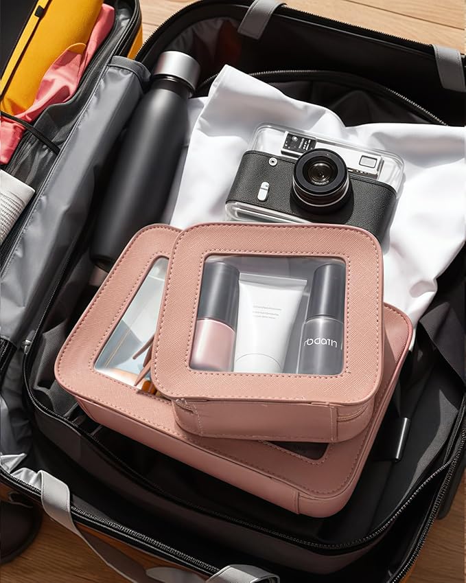 Mini Clear Makeup Bag Travel Cosmetic Case Transparent Toiletry Bag with Zipper, Portable Make Up Organizer Traveling Compact Pink Car Essentials for Girls(Pink, Mini)