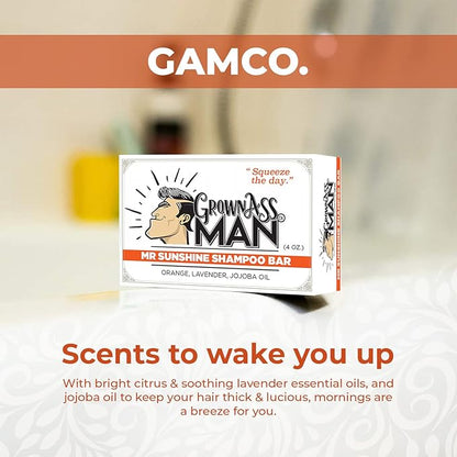 Grown Ass Man Co. - Solid Shampoo Bar Rich Lather 3 in 1: Hair, Beard & Body Wash - Plastic Free & Eco-Friendly, Natural & Organic Clean for All Hair Types, 4oz Bar (Mister Sunshine, Single)