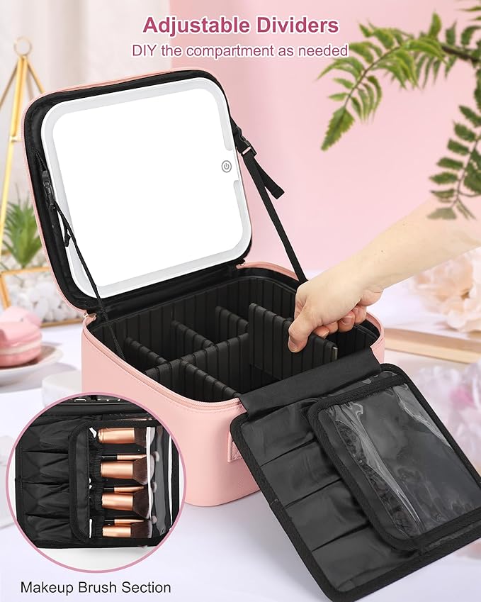Relavel Initial Makeup Bag with LED Mirror for Women Girls, Personalized Travel Cosmetic Organizer Train Case, Birthday Gifts for Grandkids Bridesmaid Graduation Teacher Friends, Trendy Stuff, Pink P