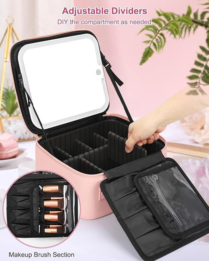 Relavel Initial Makeup Bag with LED Mirror for Women Girls, Personalized Travel Cosmetic Organizer Train Case, Birthday Gifts for Grandkids Bridesmaid Graduation Teacher Friends, Trendy Stuff, Pink P